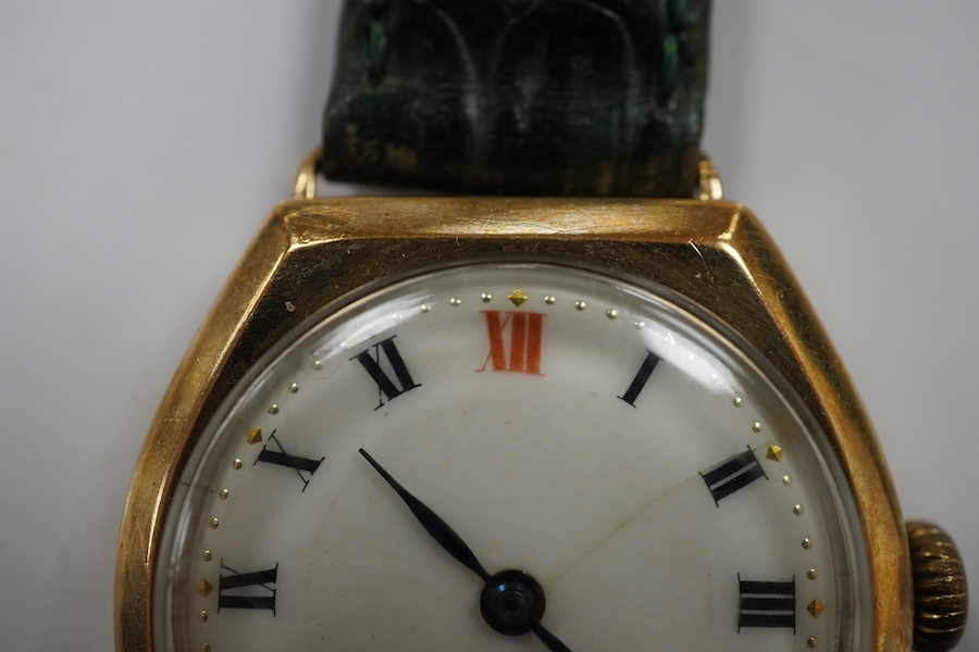 A gentleman's 1950's 9ct gold manual wind wrist watch, with Roman dial, signed Rolex movement, with Aaron Lufkin Dennison case, case diameter 29mm, on an associated leather strap. Condition - poor